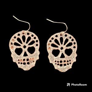 Halloween Earrings Sugar Skull Silver Glittery - Party Costume Jewelry, 1.5"
